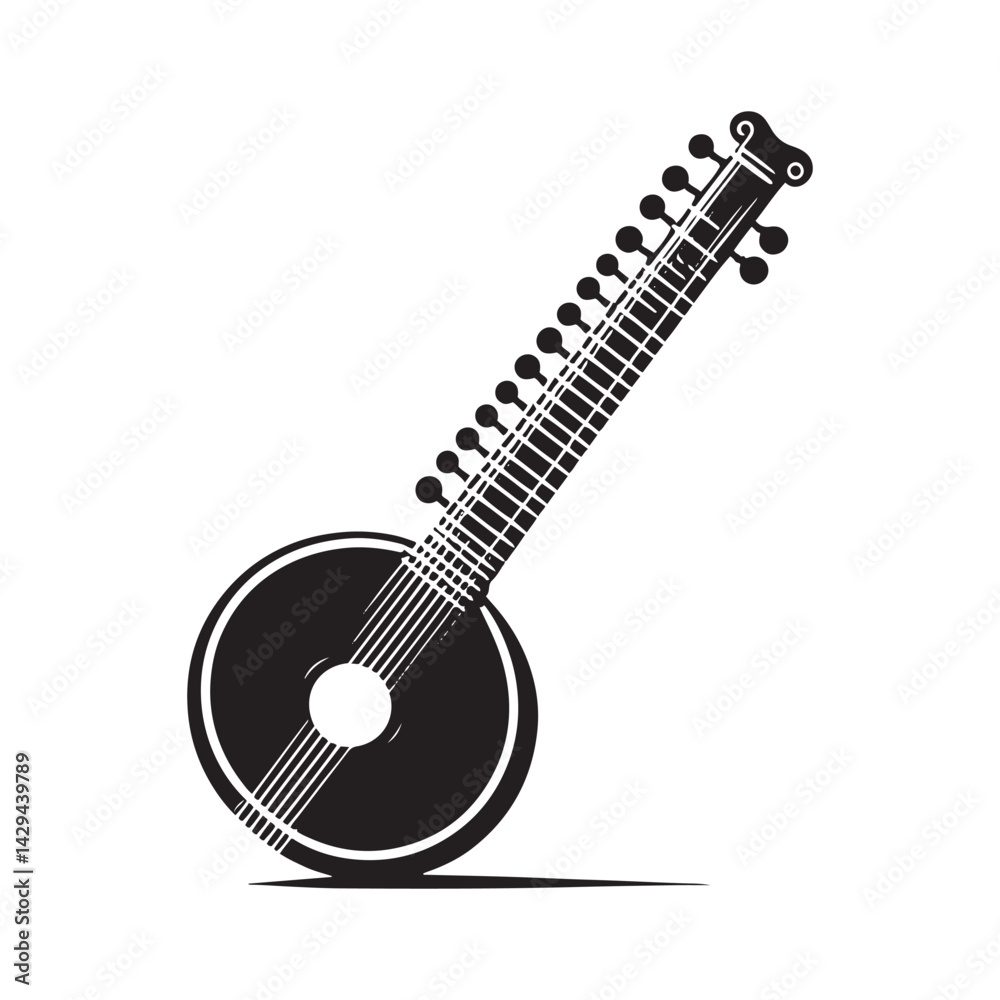 Naklejka premium Ragas in Silhouette: A Mesmerizing Collection of Sitar Vector Designs Showcasing the Elegant Form, Spiritual Resonance, and Cultural Depth of This Iconic Indian String Instrument.