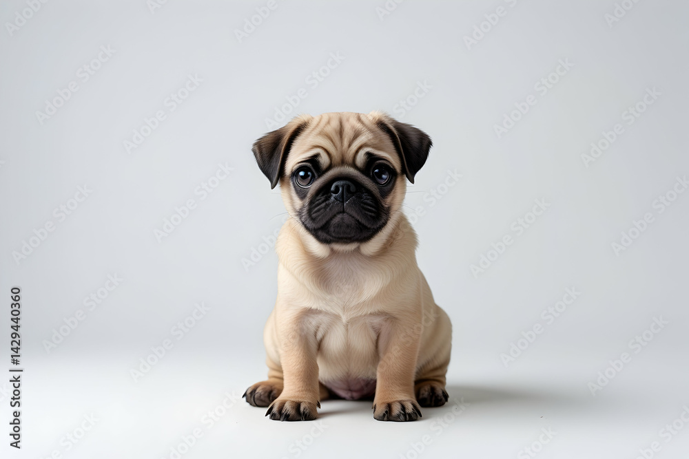 Obraz premium Cute Fawn Pug Puppy Sitting on White Background: Adorable Young Dog Portrait for Pet and Animal Lovers Imagery: Pug, Puppy, Cute, Fawn, Sitting, White, Background, Dog, Pet, Animal, Adorable, Young.