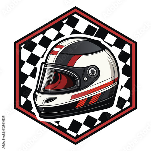 Close-up shot of a racing helmet against a checkered flag background, emphasizing texture and detail.  Include subtle lighting.