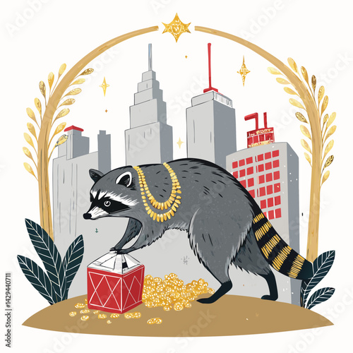 A mischievous raccoon, amidst a glittering cityscape backdrop, stealthily snatches a piece of jewelry.  Urban wildlife, night scene.