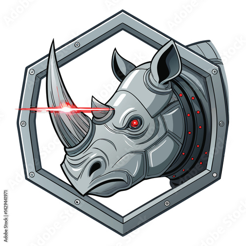 Cyberpunk robotic rhino head, intricate detail, glowing red laser eye, metallic texture, futuristic design.