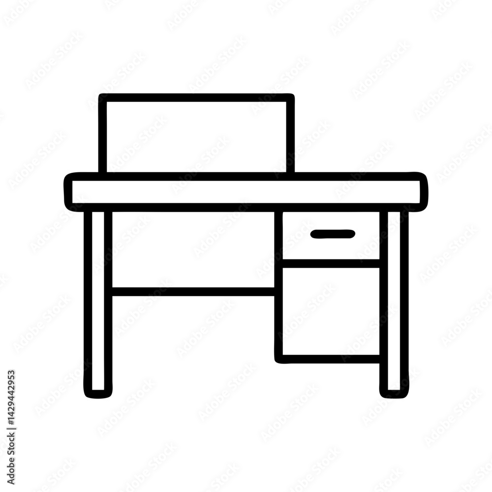 Modern home office desk furniture with drawer and storage vector line art illustration
