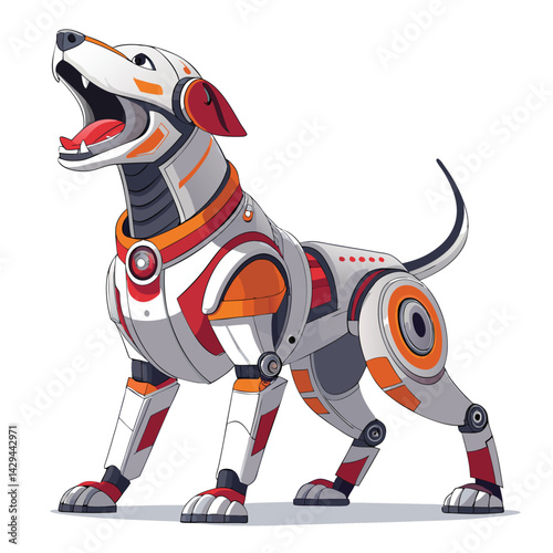 Cyberpunk robot dog, fiery breath, digital frame, glowing eyes, metallic fur, futuristic setting.  Create a detailed, vibrant image.