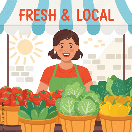 a woman selling fresh vegetables at a farmers market