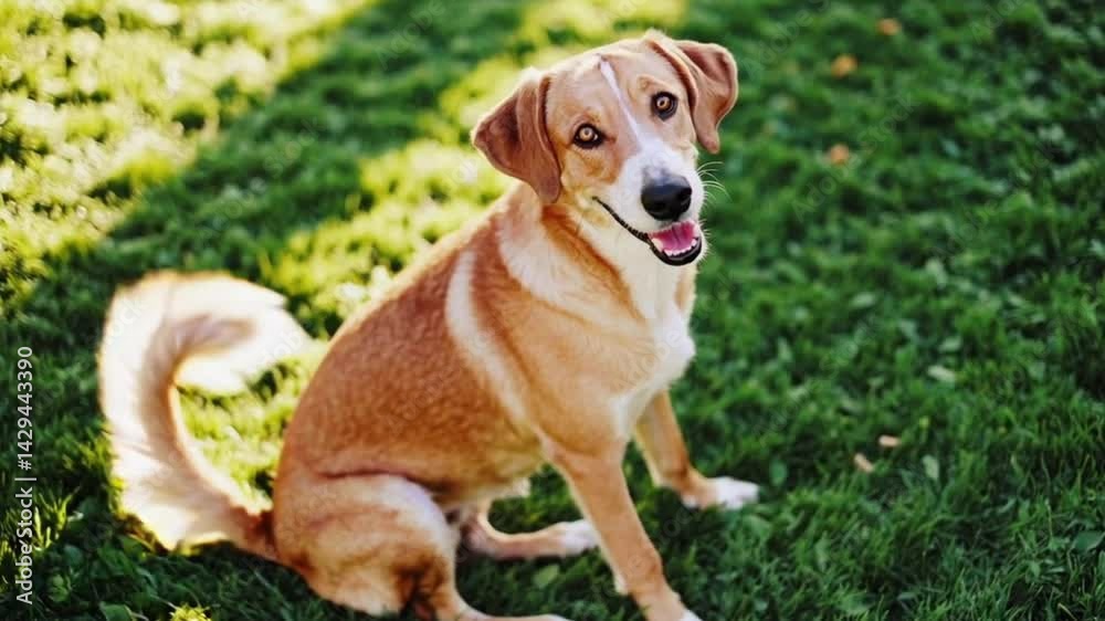 Happy dog sitting in grass: a beautiful canine portrait in natural light outdoors on a sunny day 4k video UDH