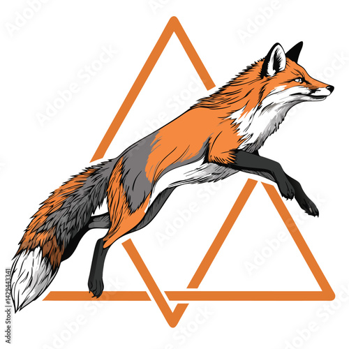 A vibrant orange robotic fox leaps dynamically through a geometric triangle frame, showcasing futuristic design and playful energy.