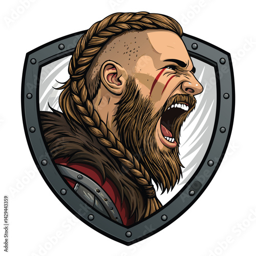 A ferocious Viking warrior's head, screaming, detailed braided beard, intense expression,  muscles strained, close-up, dramatic lighting.