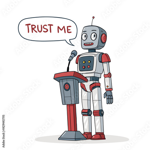 An emotionless robot, dressed in a politician's suit, delivers a monotone speech to a silent audience.  Its metallic face reflects the harsh lights.