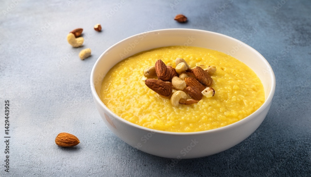 Fototapeta premium corn porridge with nuts in a white bowl vertical photo