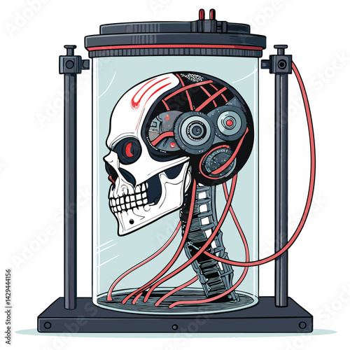 A meticulously detailed image of a robotic skull preserved in a glass jar filled with intricate wiring, resembling a scientific specimen.