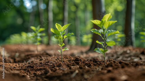 Emerging tree seedlings in forest soil. Early growth phase in a natural woodland environment—concept of reforestation and eco-restoration.