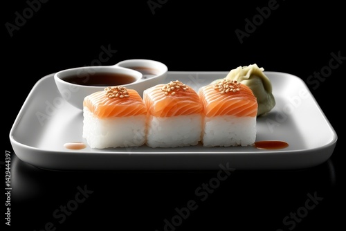 Delicious Salmon Sushi with Soy Sauce and Wasabi on a White Plate Perfect for Culinary and Foo