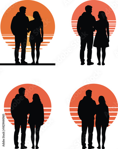 Silhouette Vector Set of Couple Holding Each Other Facing Sunset – Minimalist Full Body Design