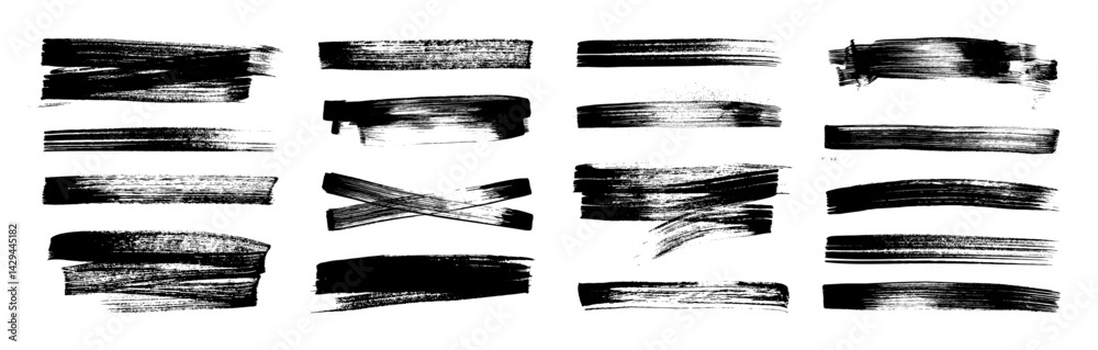 Set of bold dried brush strokes isolated on white, including grunge acrylic textures, hand-drawn thick lines, rectangles, banners, sketchy horizontal strokes, black ink traces, and stencil silhouettes