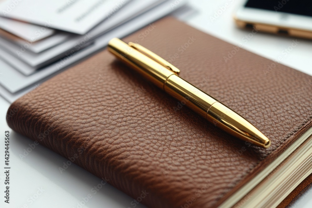 Fototapeta premium A gold pen rests on a brown leather notebook, suggesting business, writing, or planning.