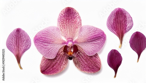 pink orchid dry delicate flowers and petals pressed isolated on white background