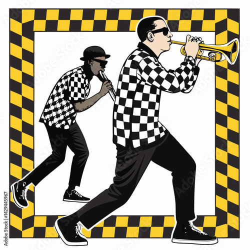 A vibrant ska band in checkered suits, playing lively music; focus on a trumpet player.  High energy, fun, retro style.