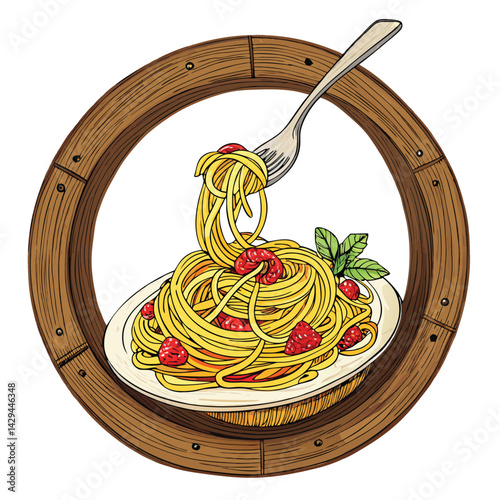 A rustic wooden bowl overflowing with a swirling mass of delicious spaghetti, a fork poised mid-air above it.  Emphasis on texture and lighting.