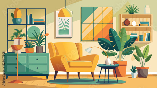 Scandinavian indoor design. Warm toned living room interior wall mockup with a yellow armchair and a background of a white wall, green plants.