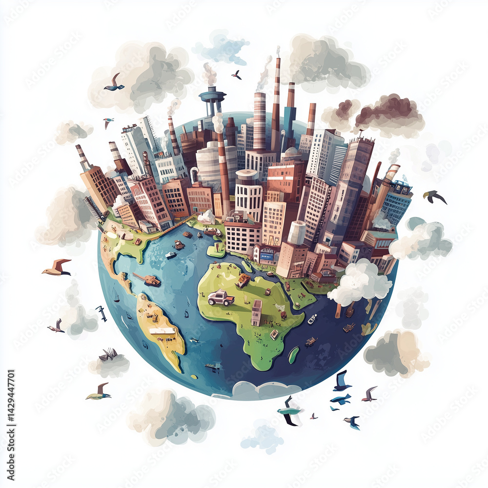 Ilustração plana de um globo com fábricas, carros e prédios, com bordas levemente rachadas, sugerindo tensão. Cores suaves e formas simplificadas criam uma sensação lúdica, com nuvens, pássaros