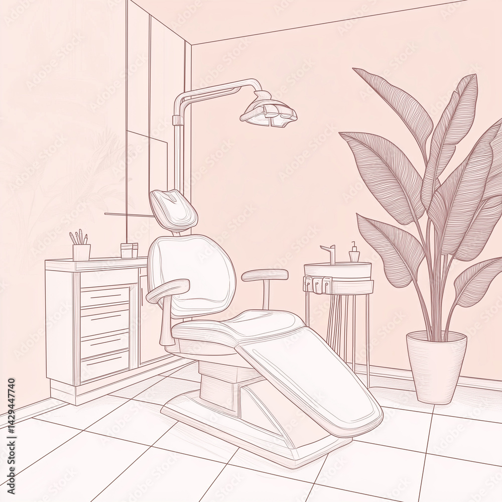 Desenho abstrato e simples de design de interior de clínica odontológica, esquema de cores pastéis, cadeira dental branca, iluminação de parede e decoração com plantas