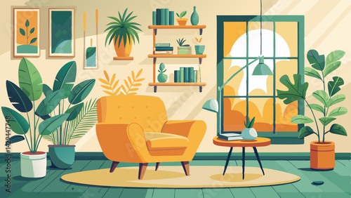 Scandinavian indoor design. Warm toned living room interior wall mockup with a yellow armchair and a background of a white wall, green plants.