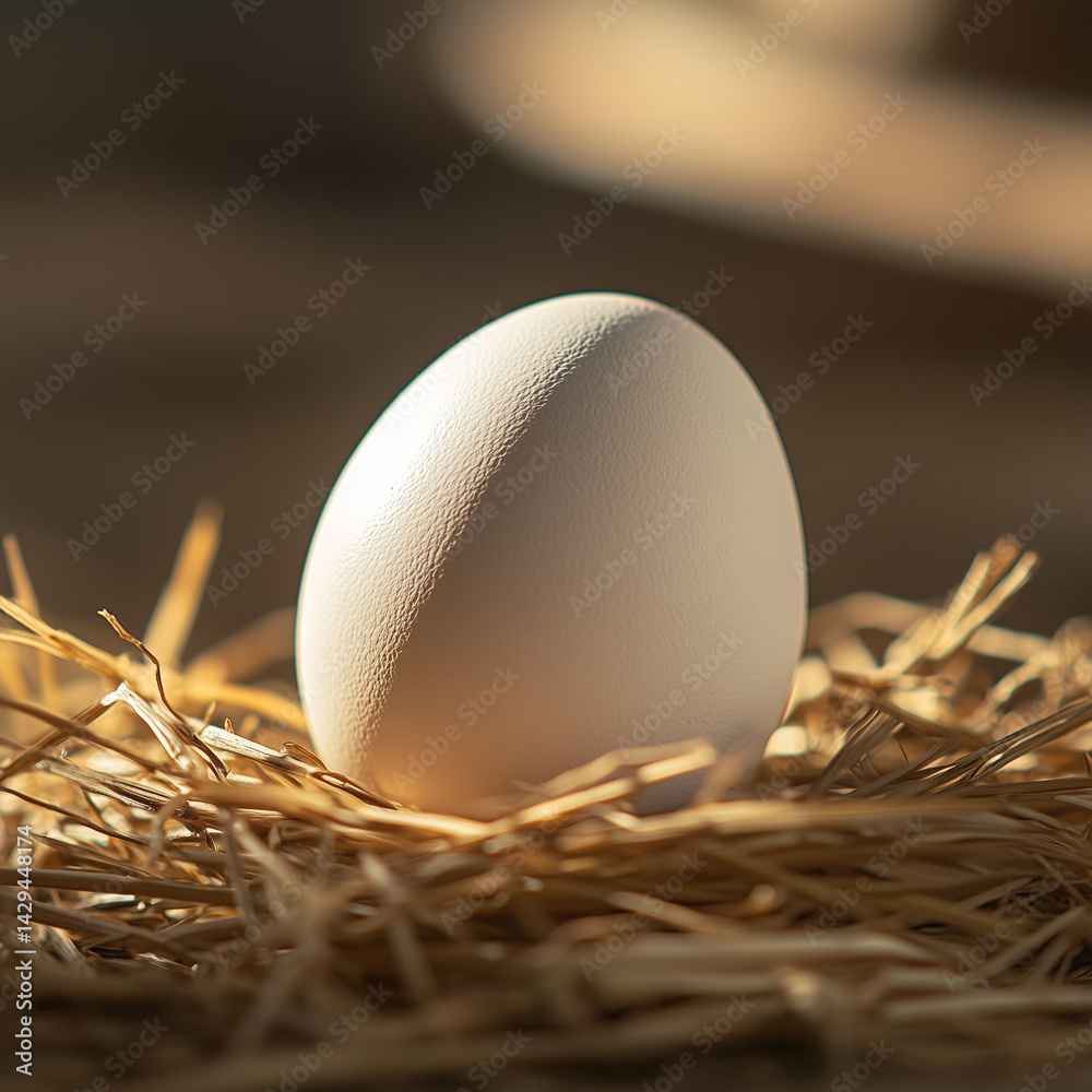 Foto de ovo branco com palha embaixo, capturada de perto, destacando detalhes da textura e aparência natural do ovo, com foco na simplicidade e elementos naturais