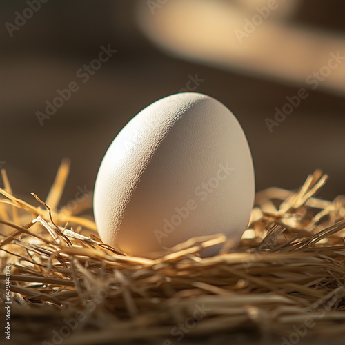Obraz na płótnie Foto de ovo branco com palha embaixo, capturada de perto, destacando detalhes da textura e aparência natural do ovo, com foco na simplicidade e elementos naturais w salonie