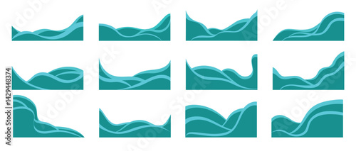 Set of blue wavy borders and corner frames .  Footer separator. Decorative elements corners, borders and frames. Vector abstract business banner, web template.