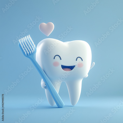 Um personagem fofo de dente segurando uma escova de dentes grande azul e branca, sorrindo com alegria contra um fundo azul claro. Estilo cartoon, simples e encantador, com um coração no topo da cabeça
