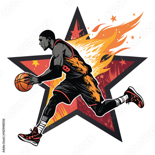 A dynamic streetball player, engulfed in fiery inner energy, dribbles the basketball with intense focus.  The scene is vibrant and energetic.