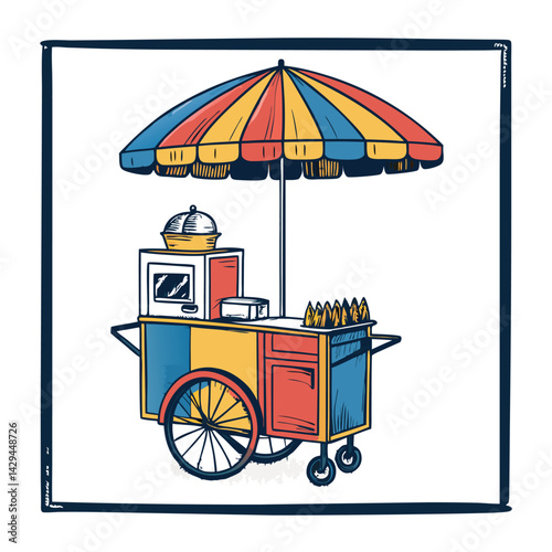 A vibrant street food cart, sheltered under a brightly colored umbrella, sits amidst a bustling cityscape backdrop.  Focus on the cart's details and urban environment.