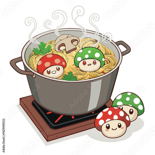A steaming pot of ramen-like broth brimming with various herbs and mushrooms, shot from a high angle, emphasizing the fragrant steam.