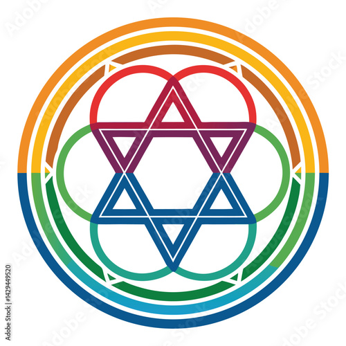 Design a vibrant summon glyph icon; central symbol encircled by orbiting elemental rings (fire, water, earth, air, spirit).  High detail, fantasy art style.