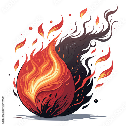 Render a hyperrealistic image of a swirling fireball, depicting intense orange and yellow flames, billowing black smoke, and dynamic light effects.