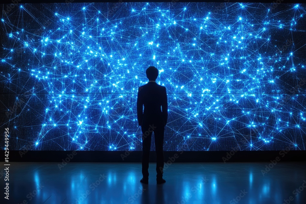 Fototapeta premium A man observes a large digital display showing a complex network of interconnected nodes, representing data flow or connections.