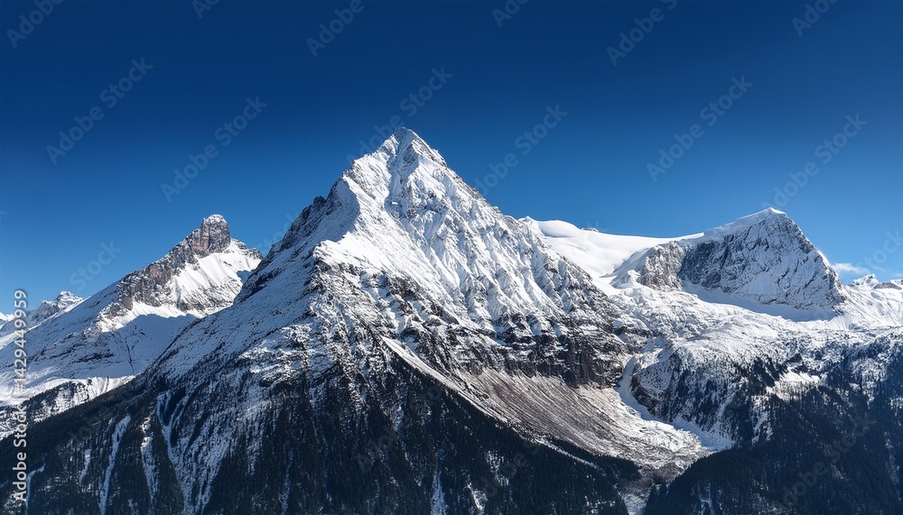 Obraz premium snow covered mountain peak with sharp ridges and clear blue sky isolated on transparent background
