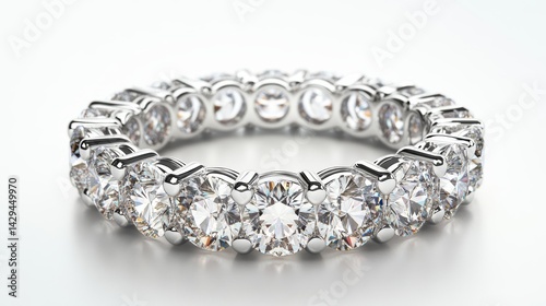 Sparkling diamond eternity band in platinum, isolated on white background