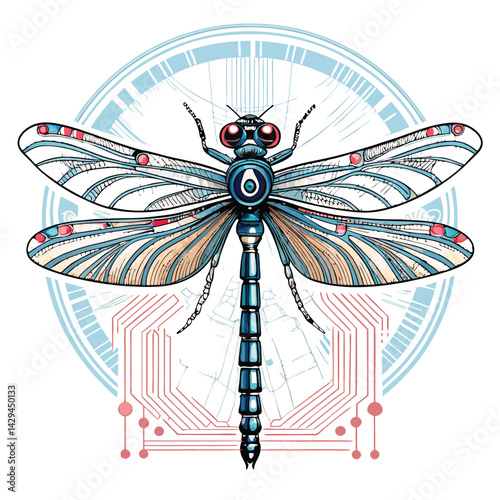 Render a cyberpunk dragonfly's head, featuring intricate technological details, with glitching, fragmented wings visible within a transparent casing.
