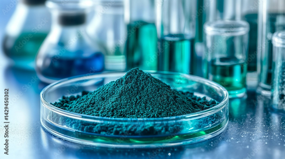 Green powder in a petri dish symbolizes scientific exploration of natural remedies and plant-based medicine with lab tools and herbal extracts suggesting innovation in modern herbal research