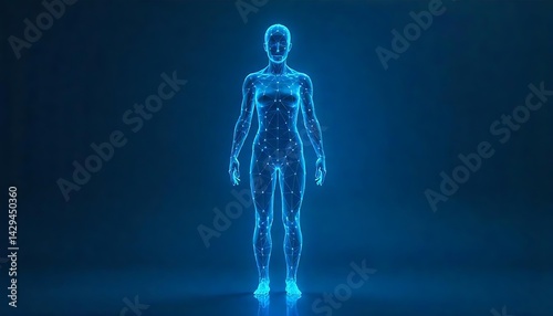 Abstract digital human body. Polygonal wireframe silhouette. Low poly anatomy blue background. A  futuristic man or woman model. 3D vector illustration, created with generative ai