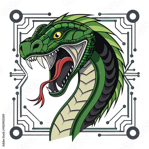 A detailed rendering of a serpentine head, crafted from polished dark metal, featuring intricate mechanical inner-workings visible within its open jaw, revealing menacing mechanical fangs.