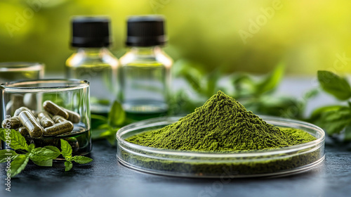 Obraz na płótnie Green powder in a petri dish symbolizes scientific exploration of natural remedies and plant-based medicine with lab tools and herbal extracts suggesting innovation in modern herbal research
w salonie