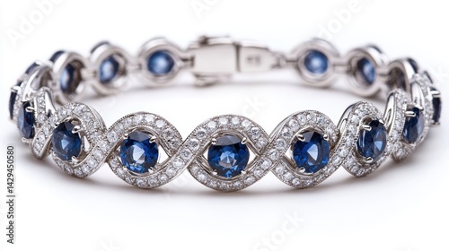 Luxury diamond bracelet with alternating diamonds and sapphires, isolated on white background