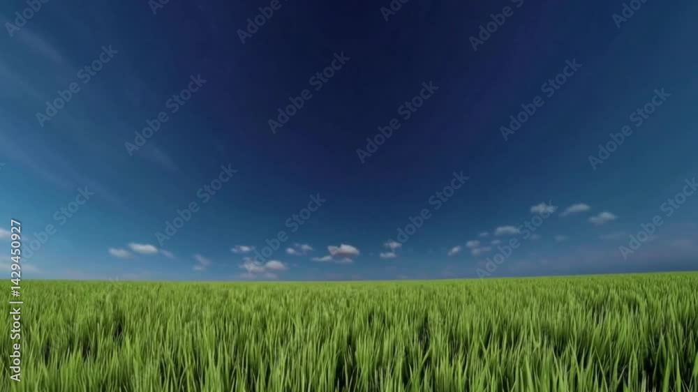 Green grass field under blue sky nature background beautiful landscape scenic view summer meadow outdoor 4k video UDH