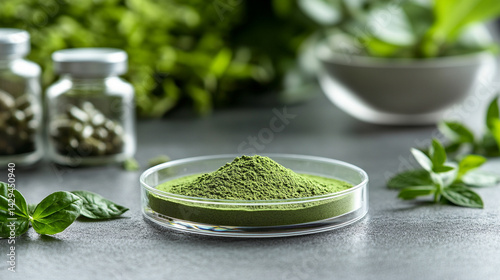Obraz na płótnie Green powder in a petri dish symbolizes scientific exploration of natural remedies and plant-based medicine with lab tools and herbal extracts suggesting innovation in modern herbal research
w salonie