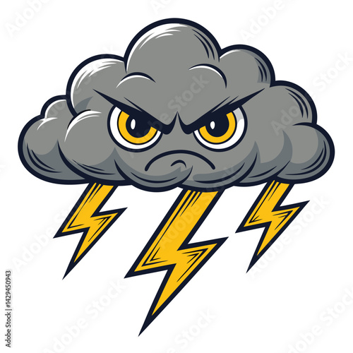 A menacing dark thundercloud, anthropomorphized with furious eyes, spewing jagged lightning bolts against a stormy sky.