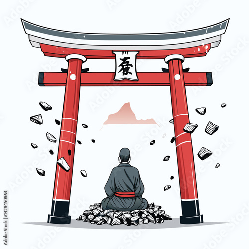 A lone street samurai, cyberpunk aesthetic, meditates within the ruins of a shattered torii gate, serene amidst urban decay.
