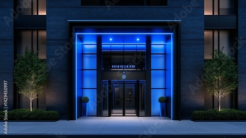 Modern building entrance night blue lights contemporary architecture design
