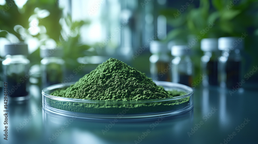 Green powder in a petri dish symbolizes scientific exploration of natural remedies and plant-based medicine with lab tools and herbal extracts suggesting innovation in modern herbal research